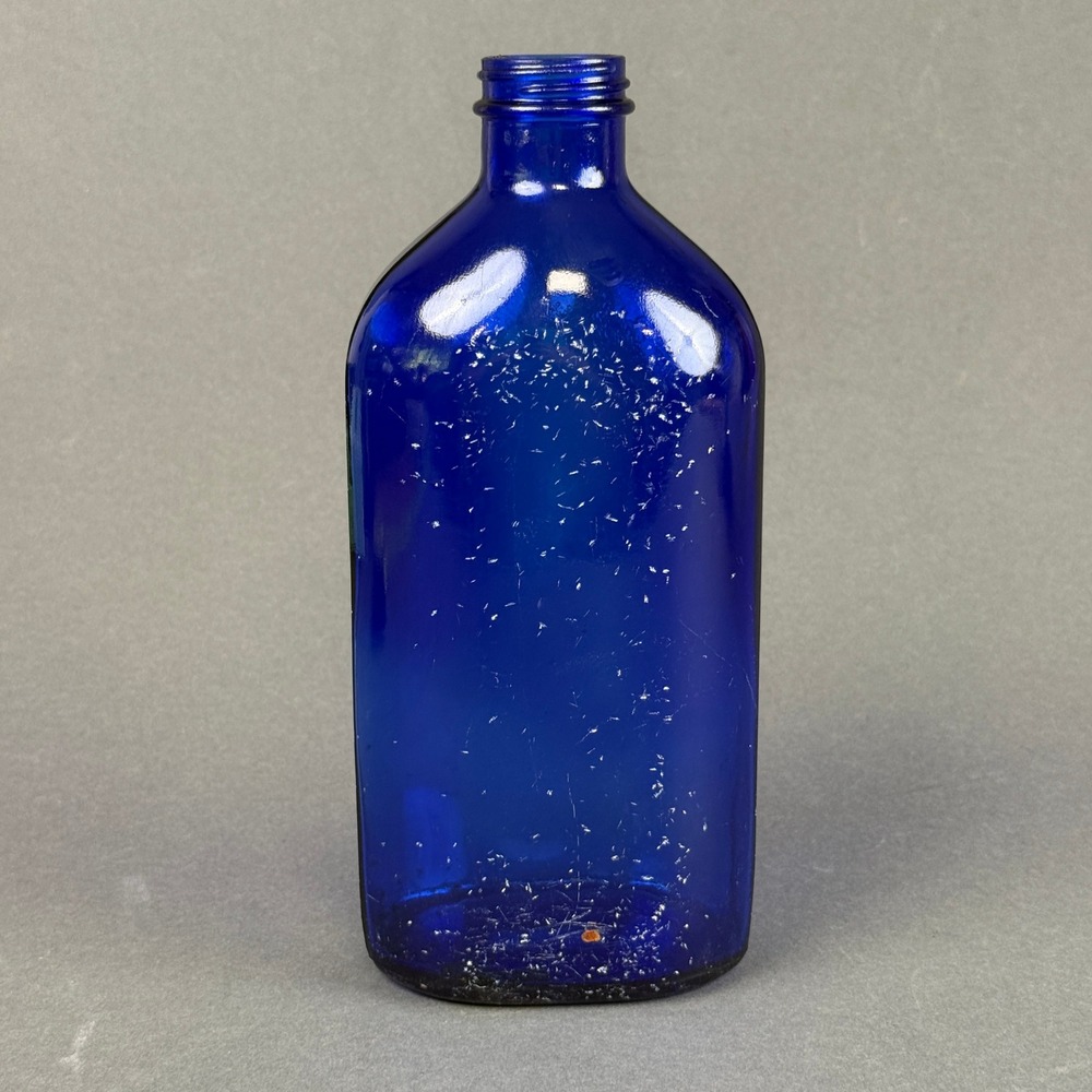 Vintage Cobalt Blue Glass Bottle Made in USA Oval Apothecary Decorative 9 inches